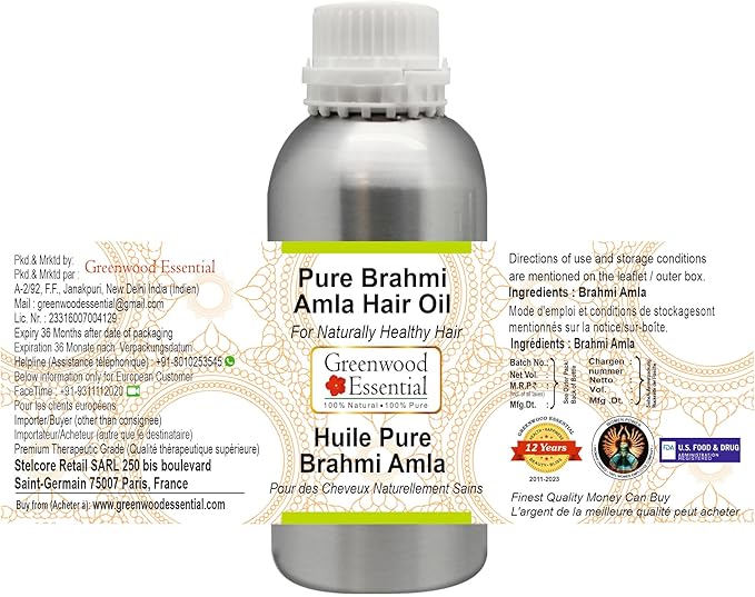 Greenwood Essential Pure Brahmi Amla (Emblica officinalis) Hair Oil Premium Therapeutic Grade for Hair, Skin & Aromatherapy 630ml (21.30 oz)