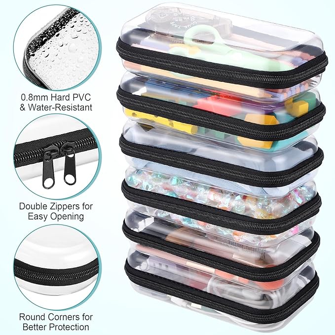 Sanwuta 6 Pcs Clear Hard Zipper Case Hard Plastic Zipper Pouches Makeup Bag Pencil Pouches Transparent Cases for Snacks Plastic Storage Organizer Box for Travel(Black,7.48 x 3.94 x 2 Inch)