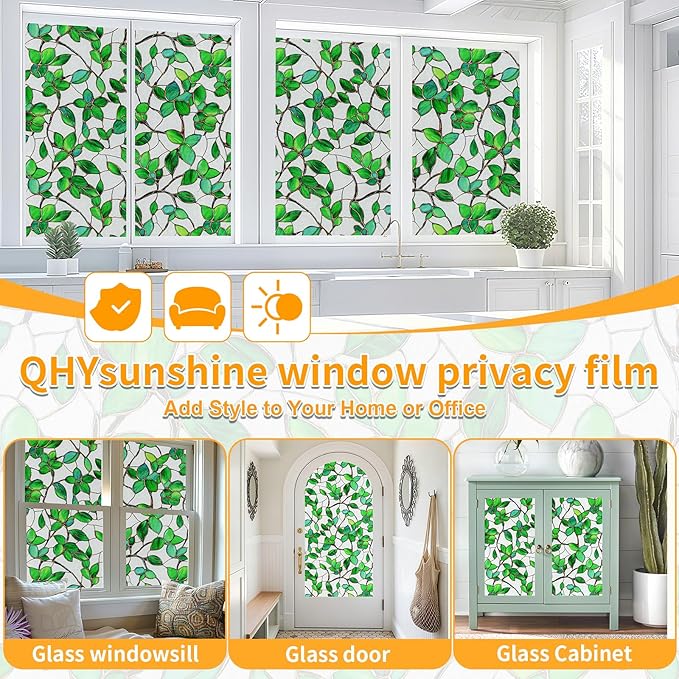 Window Privacy Film Stained Glass Window Film Frosted Window Film Window clings Non-Adhesive Reusable Decorative for Home Removable (Green Frosted, 17.5 X 78.7 in)
