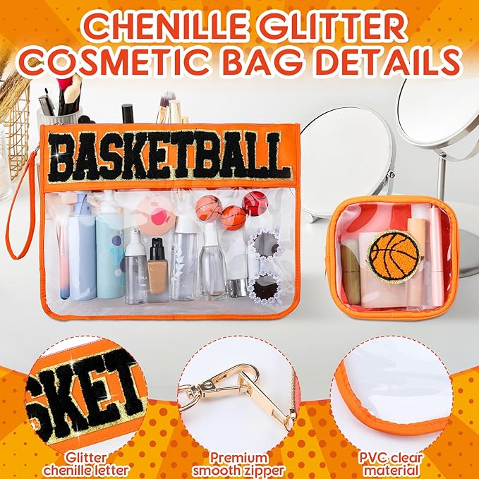 Hillban 2 Pcs Basketball Girls Gifts Makeup Cosmetic Bag Clear Toiletry Purse Chenille Letter Zipper Pouch Basketball Accessories for Women Sport Portable Travel Stuff Storage Case Bags