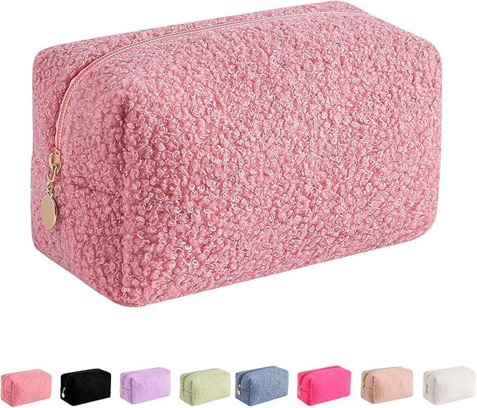 JOVAKIT Travel Makeup Bag Cosmetic Bag for Women, Fashion Christmas Gifts, Plush Zipper Make Up Pouch, Large Capacity Toiletry Organizer Makeup, Portable Storage Bag Trendy Stuff (Pink)