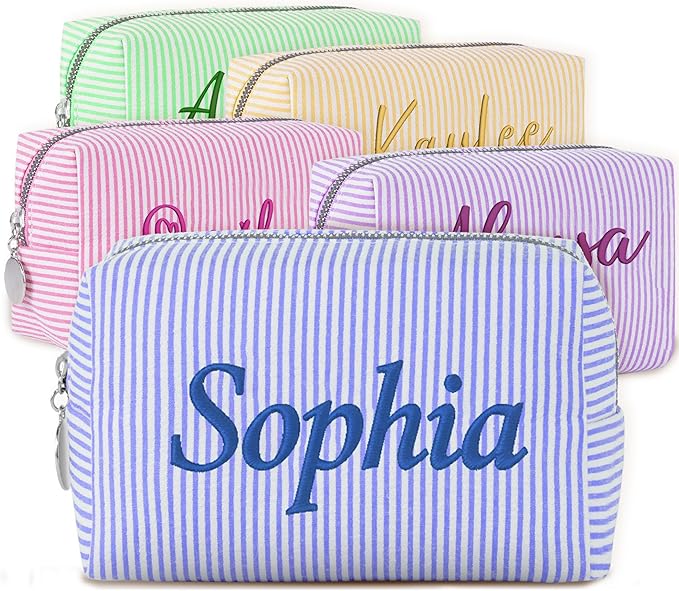 Yofair Personalized Makeup Bag with Bith Flower, Large Capacity Travel Toiletry Case Teen Girl Gift Trendy Stufff Custom Seersucker Cosmetic Bags Birthday Gifts for Girls
