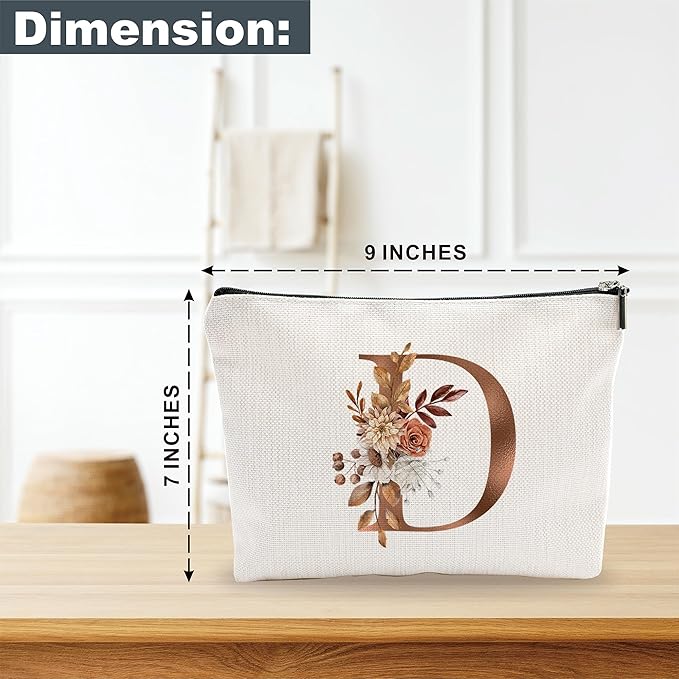 A-Z Boho Personalized Cosmetic Bag-Floral Cotton Letter Makeup Bag With Zipper-Artistic Cosmetic Bag For Travel-Bride,Birthday Gift For Women Daughter Friends-Women Makeup Organizer-A04