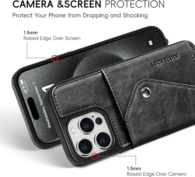 LUCKYCOIN Crossbody Wallet Phone Case for iPhone 15 Pro Max,100% Genuine Leather Wallet Phone Case with Expandable Flip Card Holder,Phone Purse for Women with Adjustable Removable Strap - Black