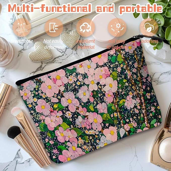 Cosmetic Bags Travel Makeup Toilet Case Waterproof Pouch for Women Girls 6.7X9.45inches - Lovely Pink - Bloom Tapestry
