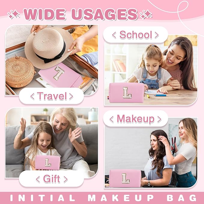 Small Personalized Initial A-Z Patch Makeup Bag,Pink Cute PU Leather Glitter Letter Cosmetic Bag for Teen Girls,Travel Toiletry Bag with Zipper,Preppy Monogrammed Birthday Gift for Daughter Niece L