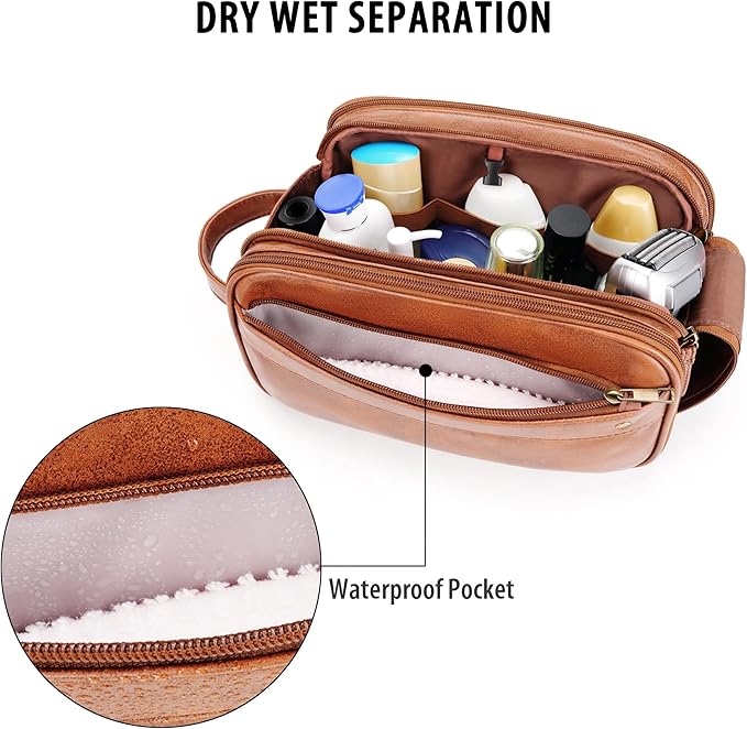 Travel Toiletry Bag for Men, Large Hanging Toiletries Organizer Bags, Cruise Ship Essentials, Water-resistant Shaving Case, PU Leather Makeup Accessories, Cosmetic Dopp Kit, Brown