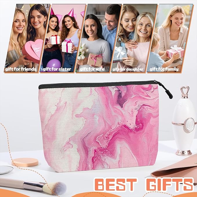 Cosmetic Bags Travel Makeup Toilet Case Waterproof Pouch for Women Girls 6.7X9.45inches - Pink And White Fluid Art