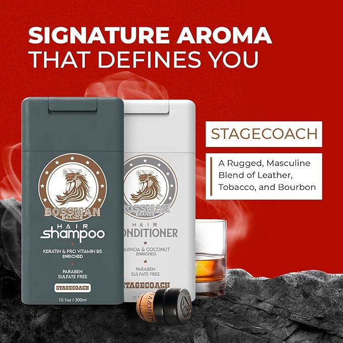 Bossman Hair Shampoo and Conditioner Combo - Hydrating, Strengthening, and Soothing Formula for Men's Hair - Paraben Free & Sulfate Free (Stagecoach) - Packaging May Vary