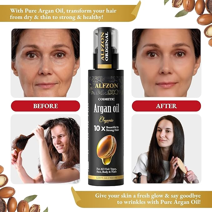 𝐏𝐫𝐞𝐦𝐢𝐮𝐦 Moroccan Argan Oil 100% Pure USDA Organic Hair Treatment, Cold Pressed For Dry, Damaged, Curly & Frizzy Hair, Skin, Face, Body & Beard Natural Anti Aging for Women & Men, Large 3.38 oz