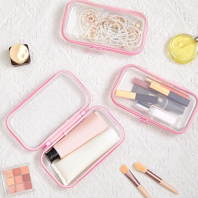 Hoolerry 3 Pcs Clear Hard Zipper Case Plastic Pouch Transparent Hard Case Clear Makeup Bag Portable Travel Organizer Bin for Cosmetics, Building Blocks, Puzzles(Pink,S)