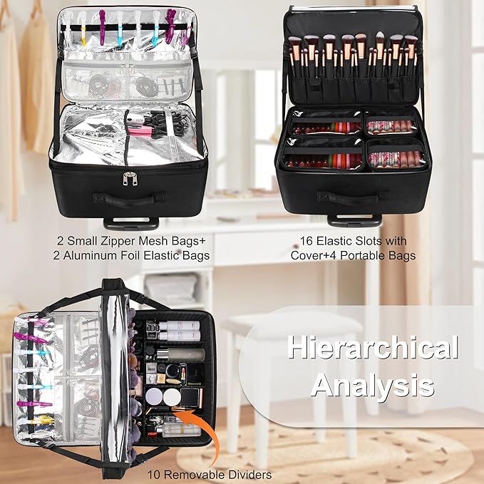 MONSTINA Rolling Makeup Train Case with 4 Detachable 360-Degree Rotation Wheels,Professional Trolley Cosmetic Case, 3-Layer Extra Large Organizer Cart for Makeup Artist Hairstylist