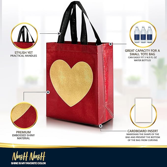 Nush Nush Gold Heart in Red Gift Bags Medium Size - Set of 12 Reusable Heart Gift Bag with Handles - Ideal Goodie Bag for Anniversary, Engagement, Wedding, Birthday, Valentines Day - 8x4x10