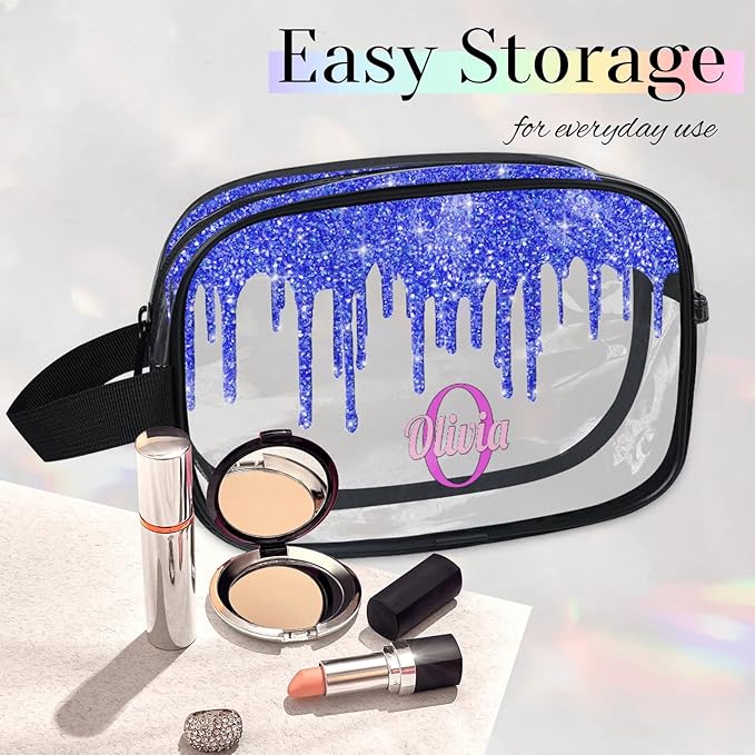 Personalized Clear Makeup Bag with Name, Best Friends Teen Women Mom Birthday Gift Transparent PVC Toiletry Travel Bag for Toiletries, Shiny Bling Royal Blue Fluid Shape Glittery