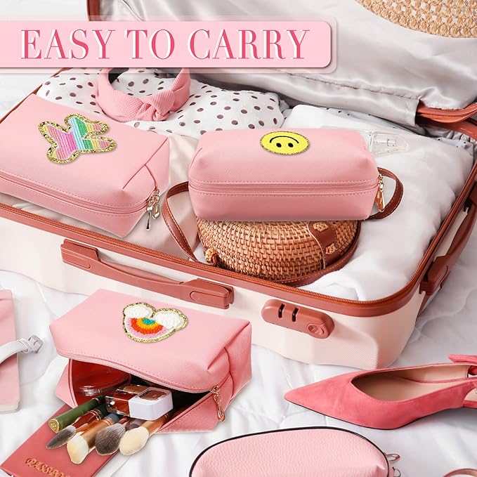 Sanwuta 9 Pcs Makeup Bags Bulk PU Double Zippers Cosmetic Bag Makeup Toiletry Christmas Small Pouch Portable Travel Organizers Case for Women Bridesmaid Party End of The Year(Pink)