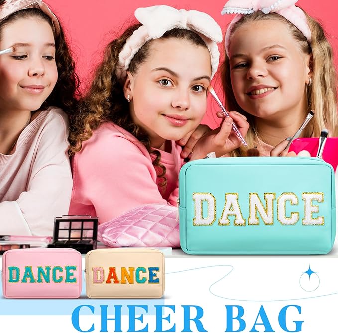 6 Pcs Dance Makeup Bag Cosmetic Bag with Chenille Letter Patches Waterproof Portable Cheerleader Toiletry Zipper Pouch for Girl Women Appreciation (Pastel Colors)