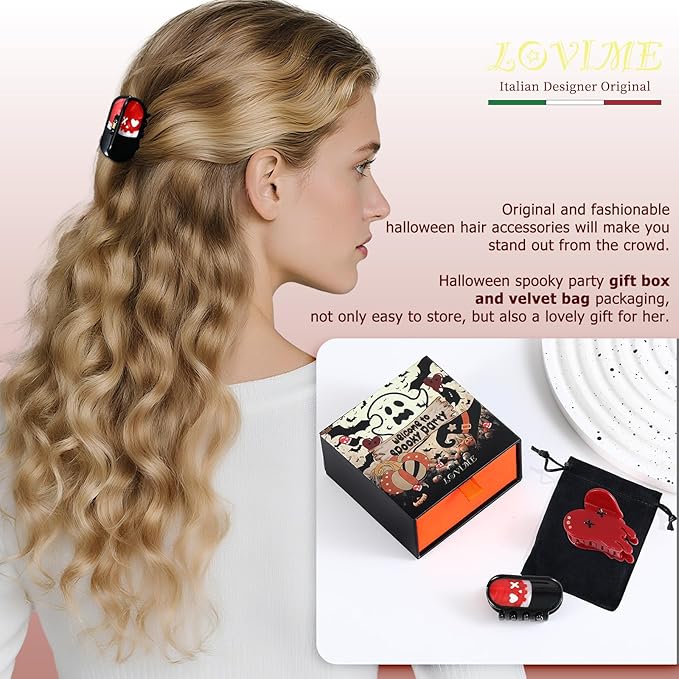 Italian Designer Original Acetate Hair Claw Clips for Women - Mini Cute Gothic Halloween Hair Accessories Bleeding Heart & Pill, Halloween Spooky, Plant-Based, Gift Boxed, 2-Pack