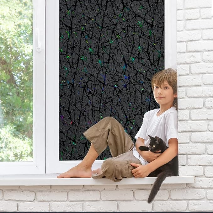 QHY Sunshine Total Blackout Window Film Privacy， Frosted Glass Window Film，Black Window Tint， No Glue， Detachable, no Marks, Suitable for Repeated use (Black, 17.5 in X 157.4 in)