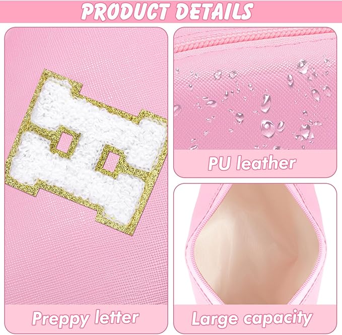 Initial Makeup Bag Personalized Preppy Travel Small Cosmetic Bag Cute PU Pink Chenille Letter Makeup Pouch for Purse Waterproof Zippered Toiletry Organizer for Women Girls Kids Friends (H)