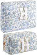 JOVAKIT Alphabet Makeup Bag Cosmetic Bag for Women, Christmas Gifts for Girls Age 6-18, Floral Flowers Coquette Travel Toiletry Zipper Make Up Pouch Organizer Trendy Stuff (2Pcs Blue Floral H)