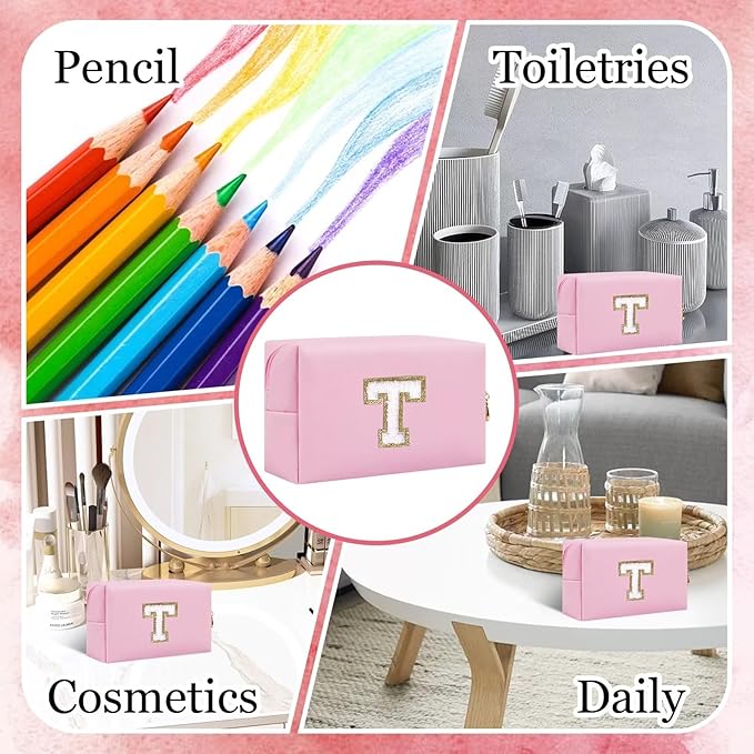 Small Personalized Letter Makeup Bag, Cute PU Leather Chenille Letters Cosmetic Bag Travel Makeup Pouch, Preppy Travel Organizer Zipper Pouch for Women&Girls（Pink-T）