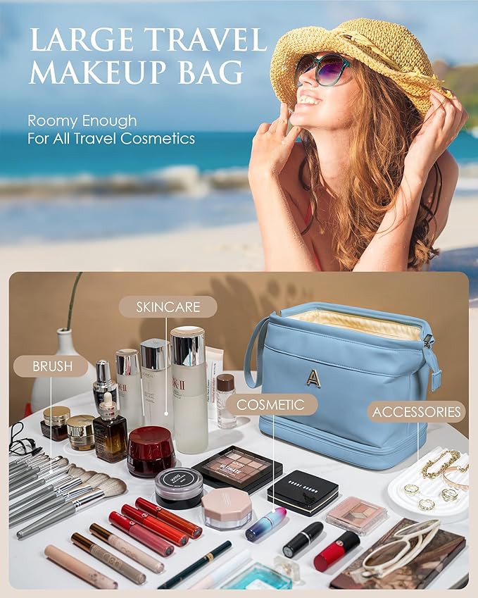 Bridesmaid Gifts for Women, Initial Makeup Bag, Personalized Double Layer Cosmetic Bag with Makeup Brush Organizer, Large Capacity PU Leather Travel Toiletry Bag, Personalized Teacher Gifts