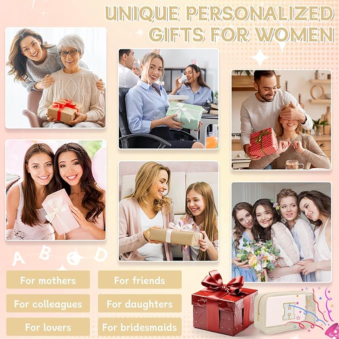 Personalized Initial Clear Makeup Bag, Travel Chenille Patch Cosmetic Bag, Preppy Toiletry Bag Monogram Cosmetic Pouch with Zipper, Ideal Gift for Teen Girls Women (Clear-Beige, H)