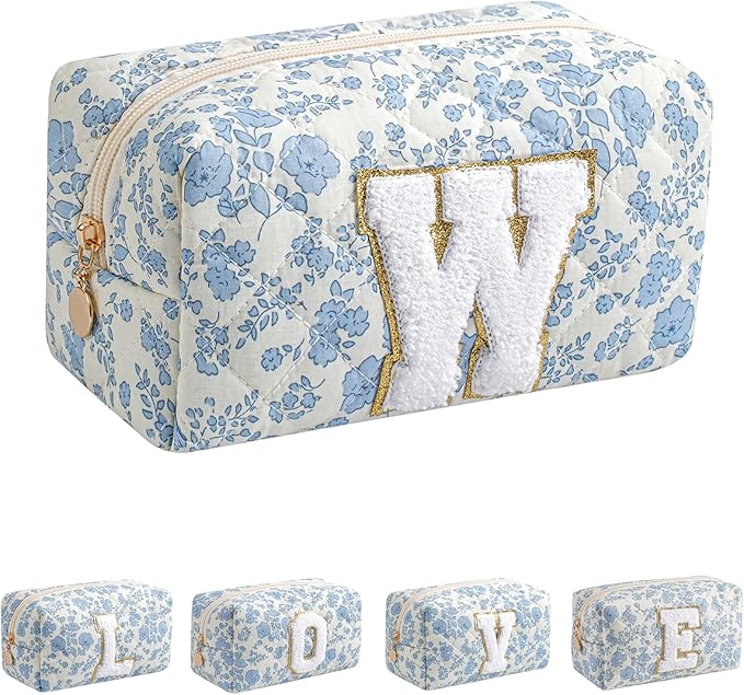 JOVAKIT Alphabet Makeup Bag Cosmetic Bag for Women, Christmas Gifts for Girls Age 6-18, Floral Flowers Coquette Travel Toiletry Zipper Make Up Pouch Organizer Trendy Stuff (Blue Floral W)