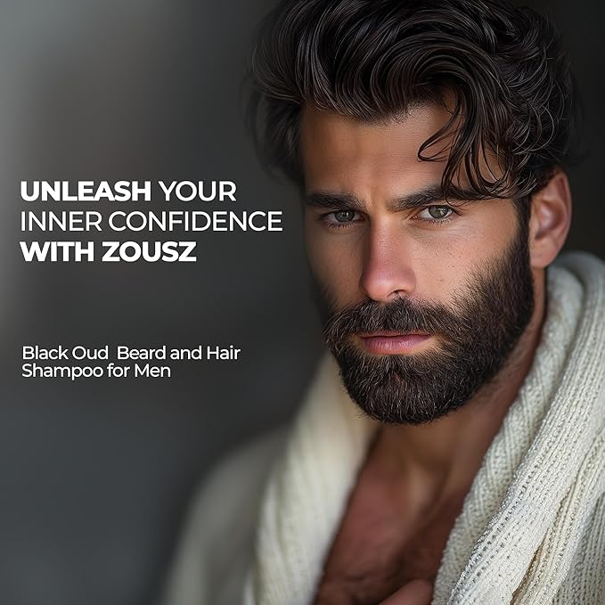 ZOUSZ Black Oud Men's Shampoo, Hair & Beard Cleaner and Strengthener, Vegan & Hypoallergenic Shampoo , 3.38 Fl Oz Hair Shampoo & Beard Wash Kit Essential
