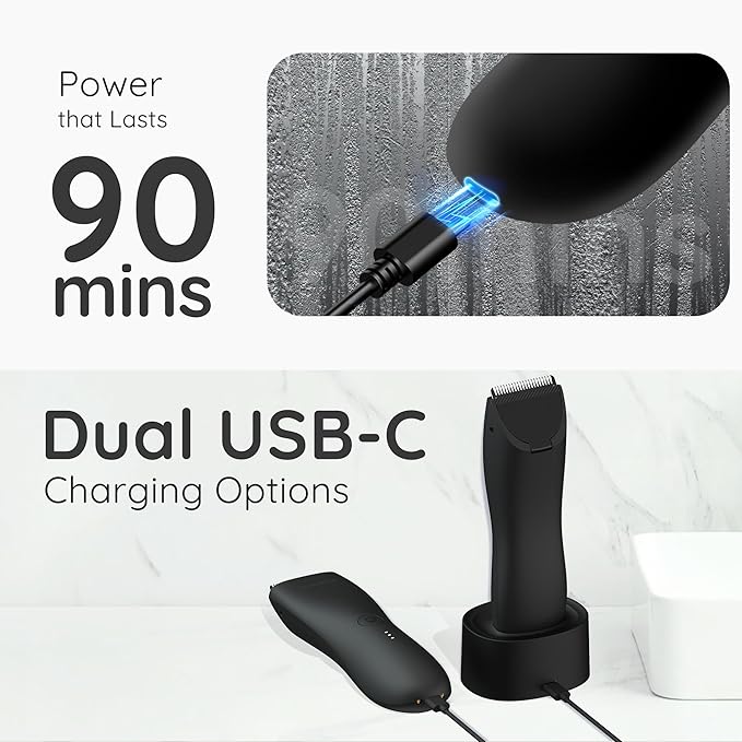 Body Hair & Pubic Hair Trimmer for Men | Waterproof, USB-C Rechargeable, LED Light, Replaceable Ceramic Blade, Electric Ball Shavers, Manscape Kit, Mens Personal Groomer (Black)