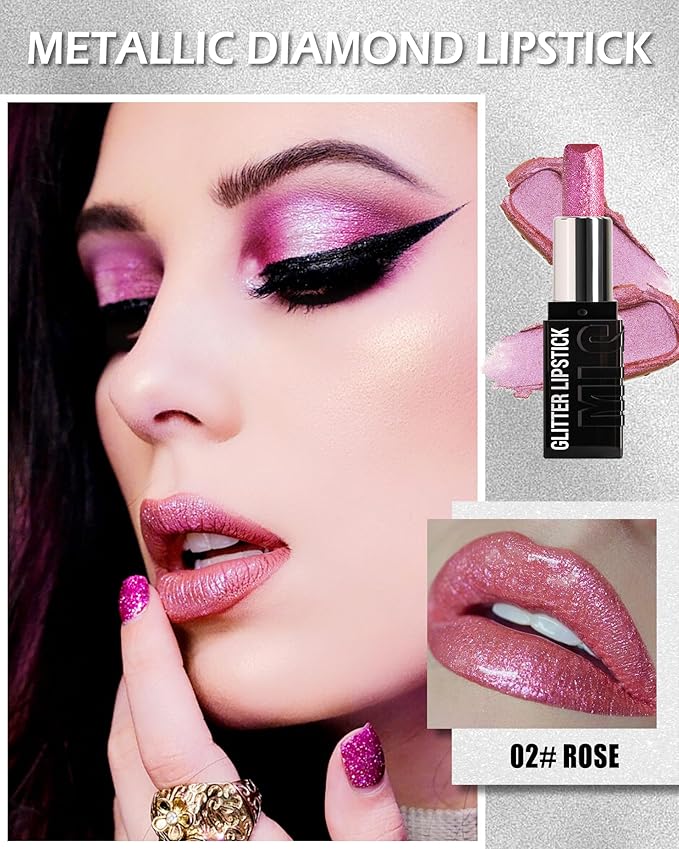 Diamond Glitter Matte Lipstick,Long Lasting Waterproof Pink Metallic Sparkling High Pigment Non-Stick Lip Stain Tint Lip Gloss,Full-coverage Lipgloss,Christmas Lip Makeup Gift for Women Girl-02