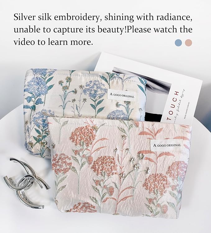 STARDW Aesthetic Floral Makeup Bag Cute Small Cosmetic Bags for Women Girls, Travel Toiletry Bag Large Capacity Zipper Makeup Pouch, Purse Organizer Pouches (Dandelion Blue)