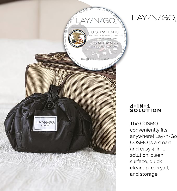 Lay-n-Go Cosmo Lay Flat Drawstring Cosmetic & Makeup Bag Organizer - Zipper Pocket, Brush Loops & More - Durable, Machine Washable Toiletry Carrier for Travel, Cinch Closure, Gift (20", Evergreen)