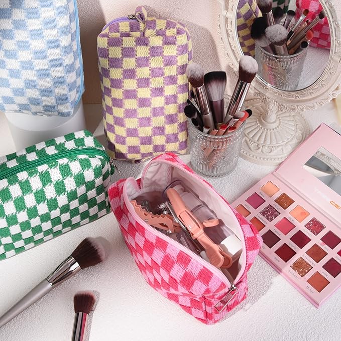 SOIDRAM 6 Pcs Checkered Makeup Bag Preppy Cosmetic Bag Bulk Pink Black Makeup Pouch Personalize Travel Toiletry Bag Organizer Cute DIY Makeup Brushes Storage Bag for Women