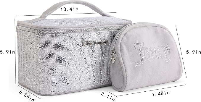 Juicy Couture Silver Makeup Bag Cosmetics Organizer Travel Essentials Train Case Coin Purse Glitter Rhinestone Velour