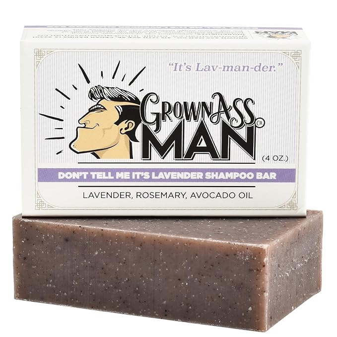 Grown Ass Man Co. - Solid Shampoo Bar Rich Lather 3 in 1: Hair, Beard & Body Wash - Plastic Free & Eco-Friendly, Natural & Organic for All Hair Types, 4oz Bar (Don't Tell Me It's Lavender, Single)