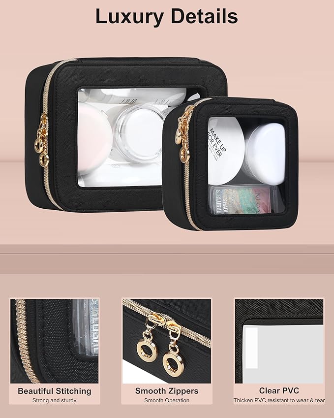 Clear Makeup Bags Case with Zipper, Heavy Duty Travel Cosmetic Case Toiletry Bag for Traveling, Tsa Approved Transparent Make Up Storage Bags, Portable Car Organizer Bag (Black,M)
