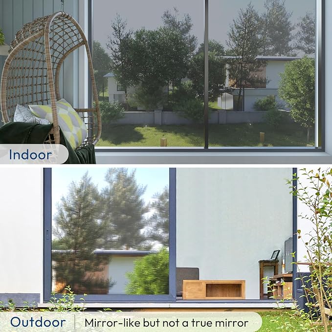 rabbitgoo Window Privacy Film One Way Window Tint for Home, Removable Reflective Heat Sun Blocking Anti UV Glass Door Covering, Mirror Tinting Film House Office, 17.5 in X 13.1 Feet, Silver
