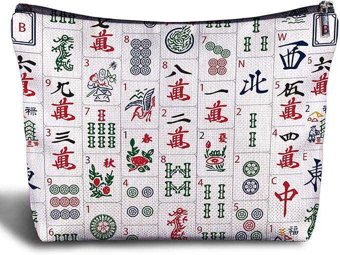 Chinoiserie Chinese Mahjong Tiles Makeup Bag, Mahjong Gifts Cosmetic Bags for Women, Gifts for Mah Jong Players Lovers Makeup Zipper Pouch