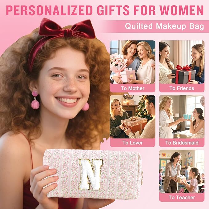 Personalized Quilted Cosmetic Bag, Puffy Monogrammed Christmas Birthday Gifts for Women & Girls, Cute initial Floral Makeup Bag Puffer Coquette Bag, Aesthetic Travel Toiletry Zipper Pouch(Pink,N)