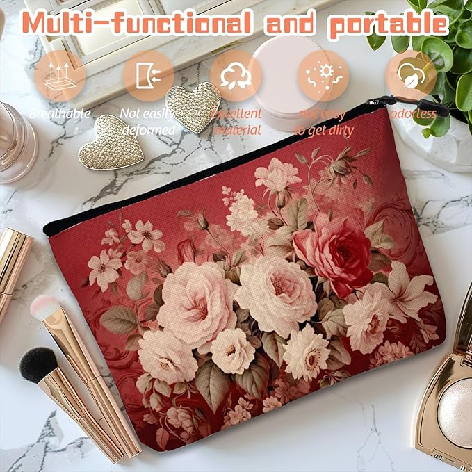 Cosmetic Bags Travel Makeup Toilet Case Waterproof Pouch for Women Girls 6.7X9.45inches - Assorted Pale - Colored Flowers on A Red Ornamental Background