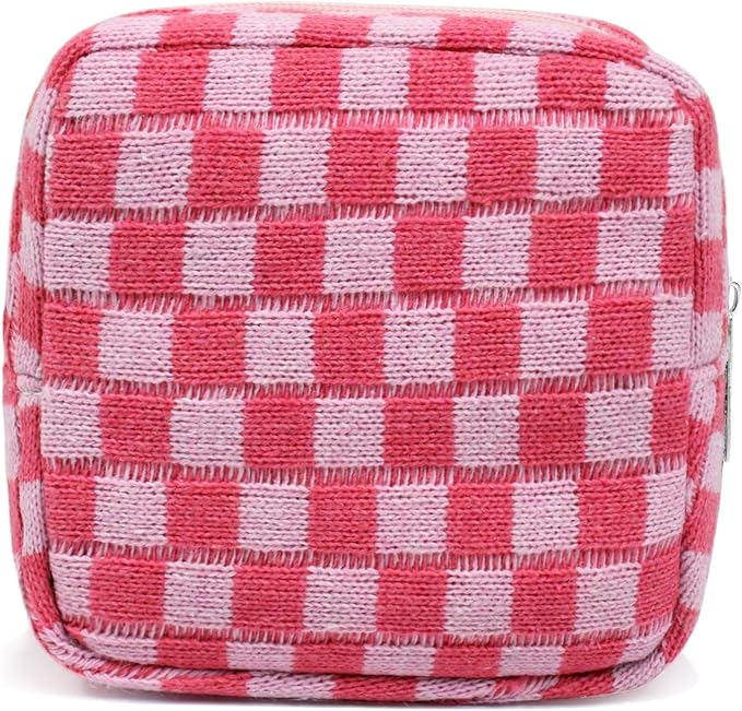 Small Pink Makeup Bag for Purse, Mini Checkered Cosmetic Bag Zipper Cute Make Up Pouch Travel Toiletry Case Quilted Aesthetic Accessories Makeup Storage Bag Organizer for Women Girls