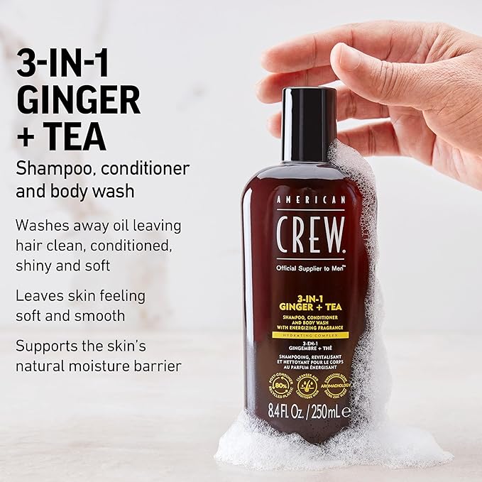 AMERICAN CREW 3-in-1 Ginger & Tea, Shampoo, Conditioner & Body Wash for Men, Hair Care Gift for Him, Revitalizing and Refreshing Fragrance, 15.2 fl oz