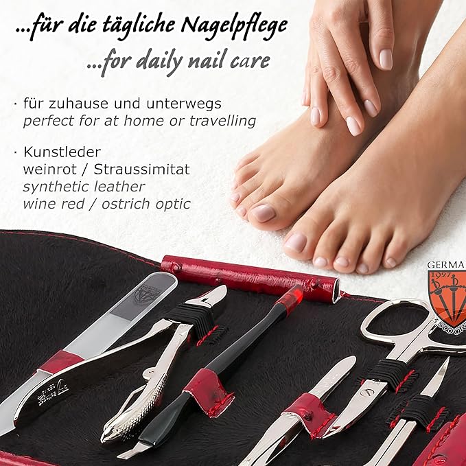 3 Swords Germany - brand quality 7 piece manicure pedicure kit set - nail care tools by 3 Swords - red ostrich optic