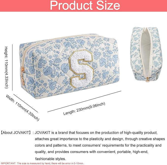 JOVAKIT Makeup Bag Cosmetic Bags for Women, Christmas Gifts for Girls Age 6-18, Alphabet Pink Floral Coquette Zipper Travel Makeup Pouch, Organizer Case Trendy Stuff (Pink+ Blue S)