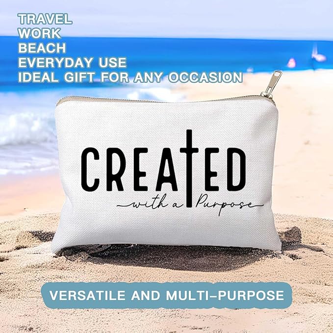 Created With a Purpose Women Makeup Bag Christian Decor Self Love Gift Toiletry Bag Religious Faith Cosmetic Pouch Linen Cotton Inspirational Multi-Purpose Bag Gift