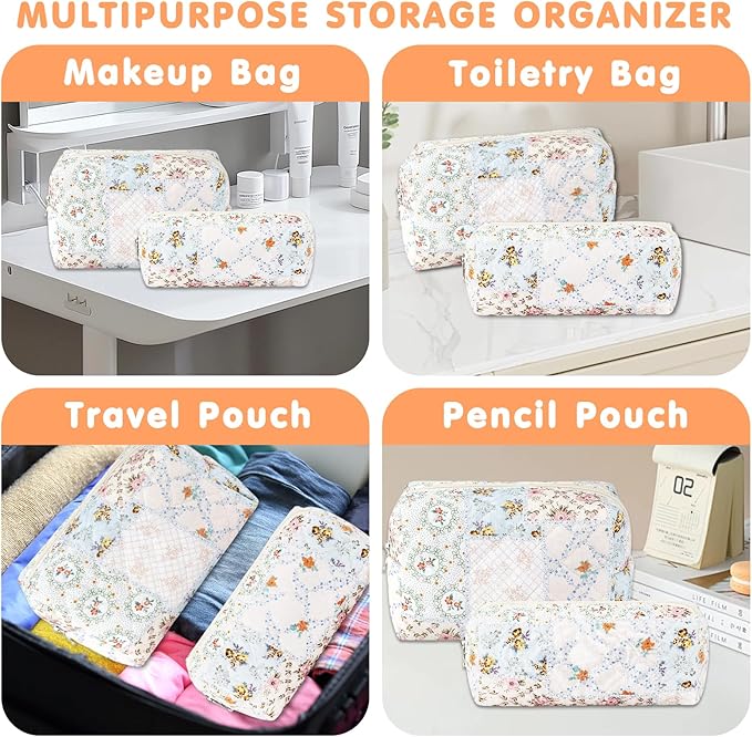 2Pcs Cotton Quilted Makeup Bag for Women Girls Coquette Small Floral Cosmetic Bags Cute Zipper Pencil Pouch Aesthetic Makeup Pouch Trendy Cloth Bee&Flower Travel Toiletry Skincare Bag
