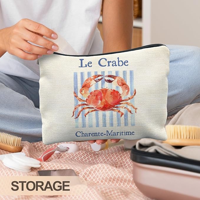 Vintage Crab Beach Makeup Bag, Crab Lovers Gifts Cosmetic Bags for Women, Gifts for Beach Ocean Lovers, Retro Blue Stripes Seafood Aesthetic Zipper Makeup Pouch