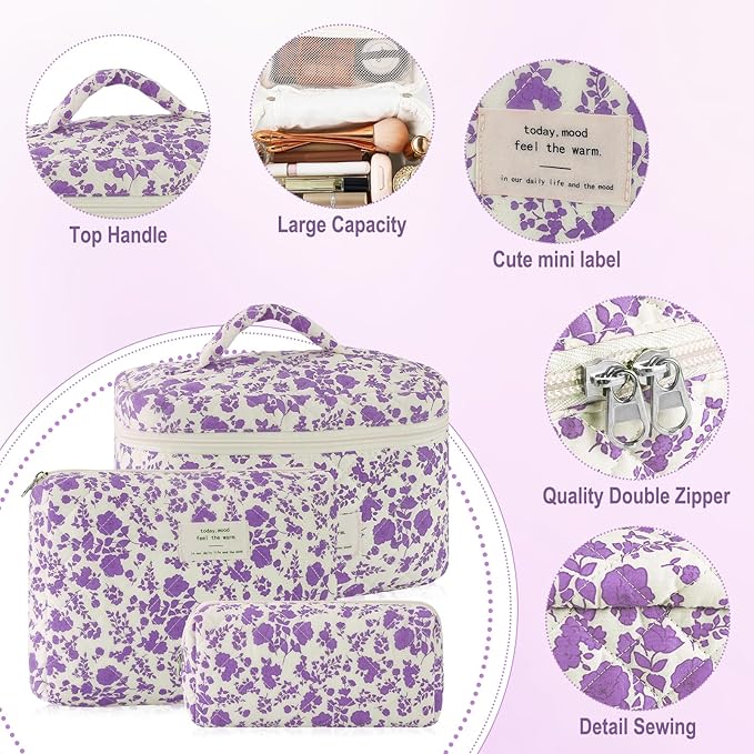 3Pcs Cotton Quilted Makeup Bag for Women Girls Large Small Travel Portable Cosmetic Bag Set Cute Purple Floral Zipper Make Up Pouch Coquette Aesthetic Storage Toiletry Organizer Case