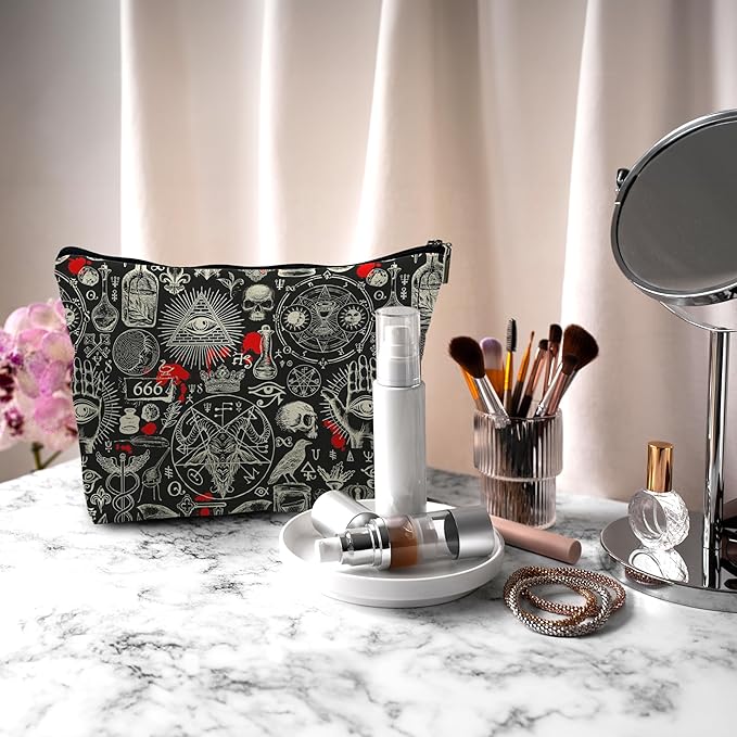 Nogrit Gothic Black Makeup Bag, Halloween Gifts for Women, Retro Small Cosmetic Bag for Purse, PU